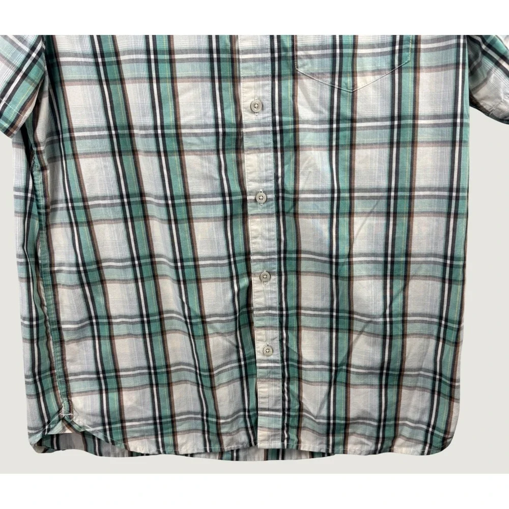 The North Face Plaid Button Up Shirt Men Large Teal Short Sleeve Hiking Gorpcore
